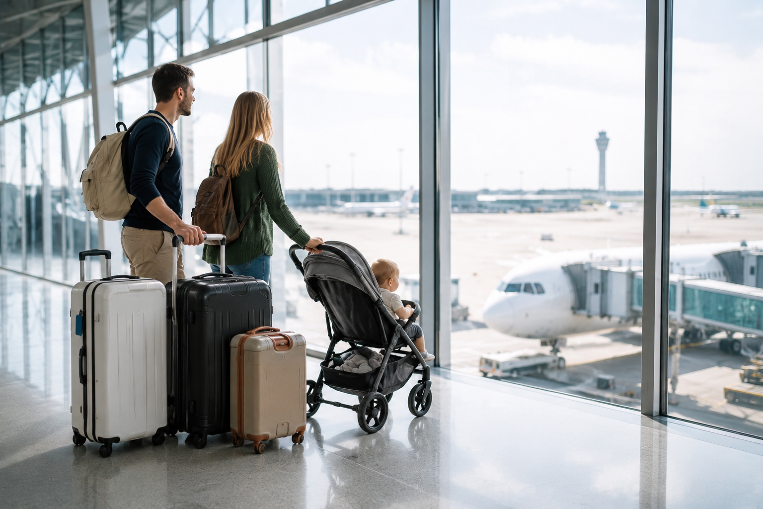 Famille voyageant avec un bébé et une poussette